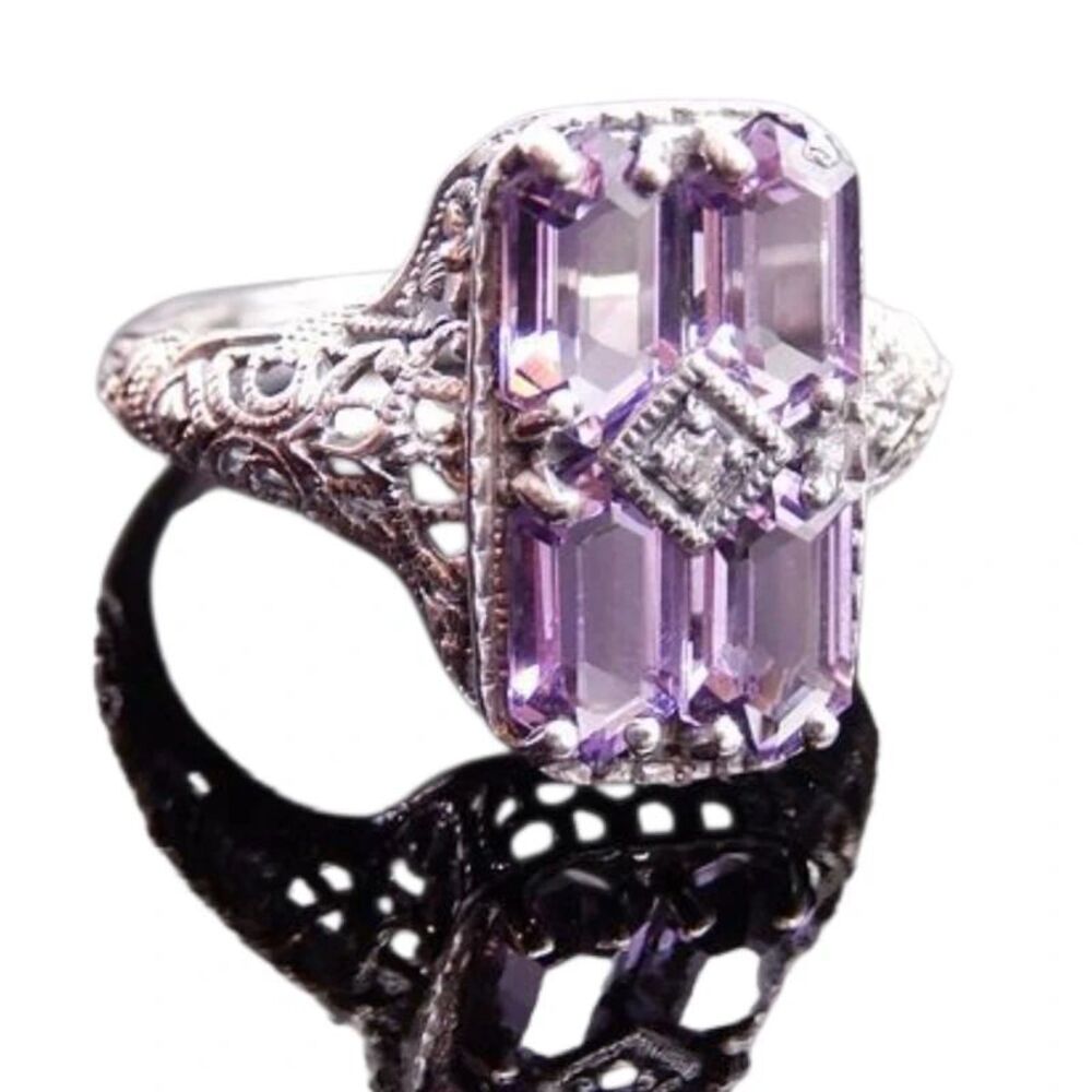 Vintage Art Deco Amethyst & Diamond Filigree Sterling Silver Statement Ring